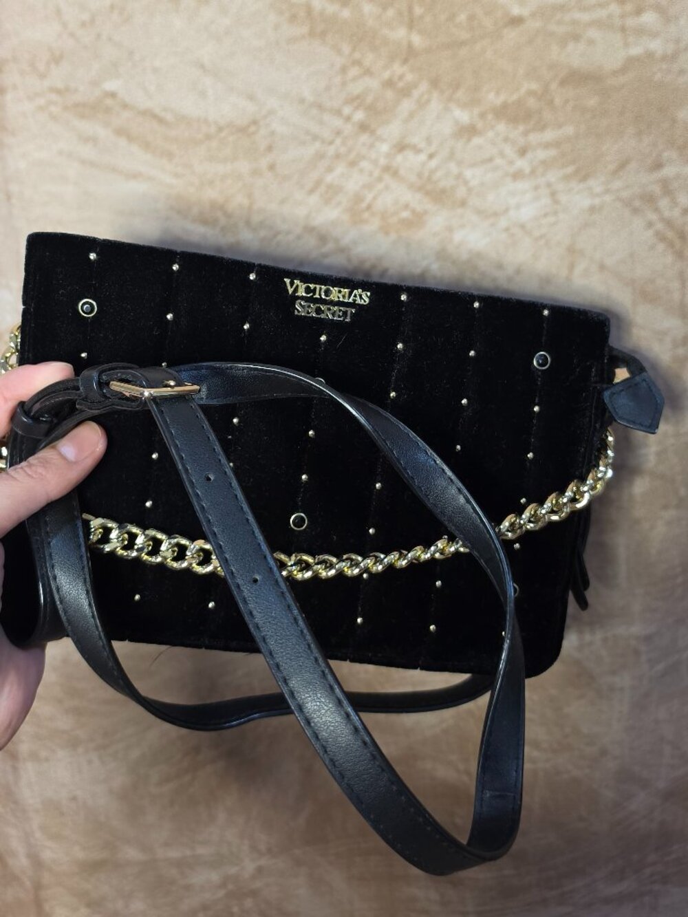 Victoria’s Secret Velvet Crossbody Bag – Black w/ Gold Chain